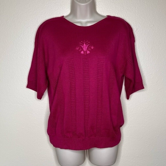 Vintage Cricket Lane Short Sleeve Embroidered Sweater Berry Pink Women Large - Picture 10 of 11